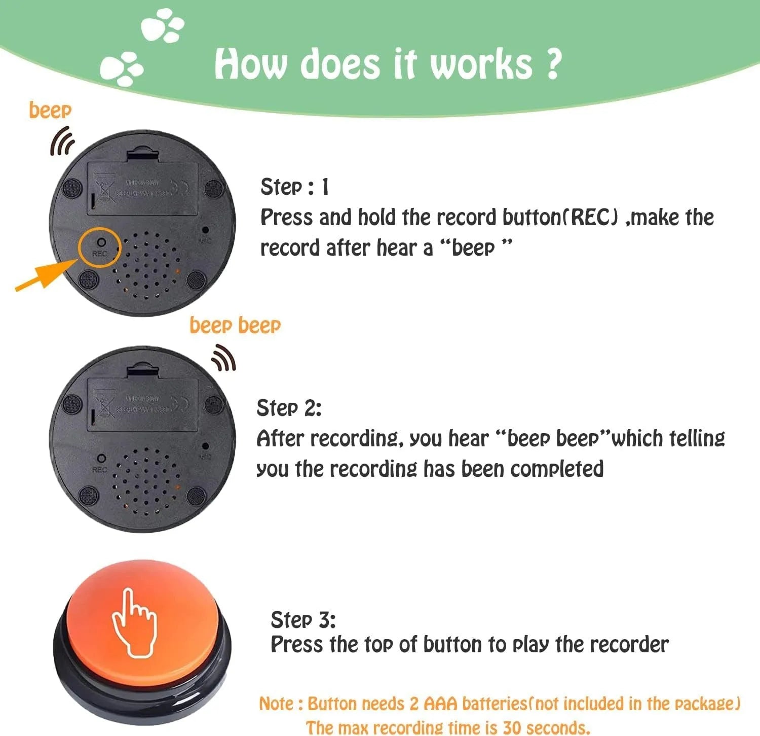 Voice recording dog training clicker device in multiple colour options showing record and playback buttons