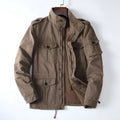 Men's loose fit cotton zip-up jacket in light coffee colour, shown on a model.