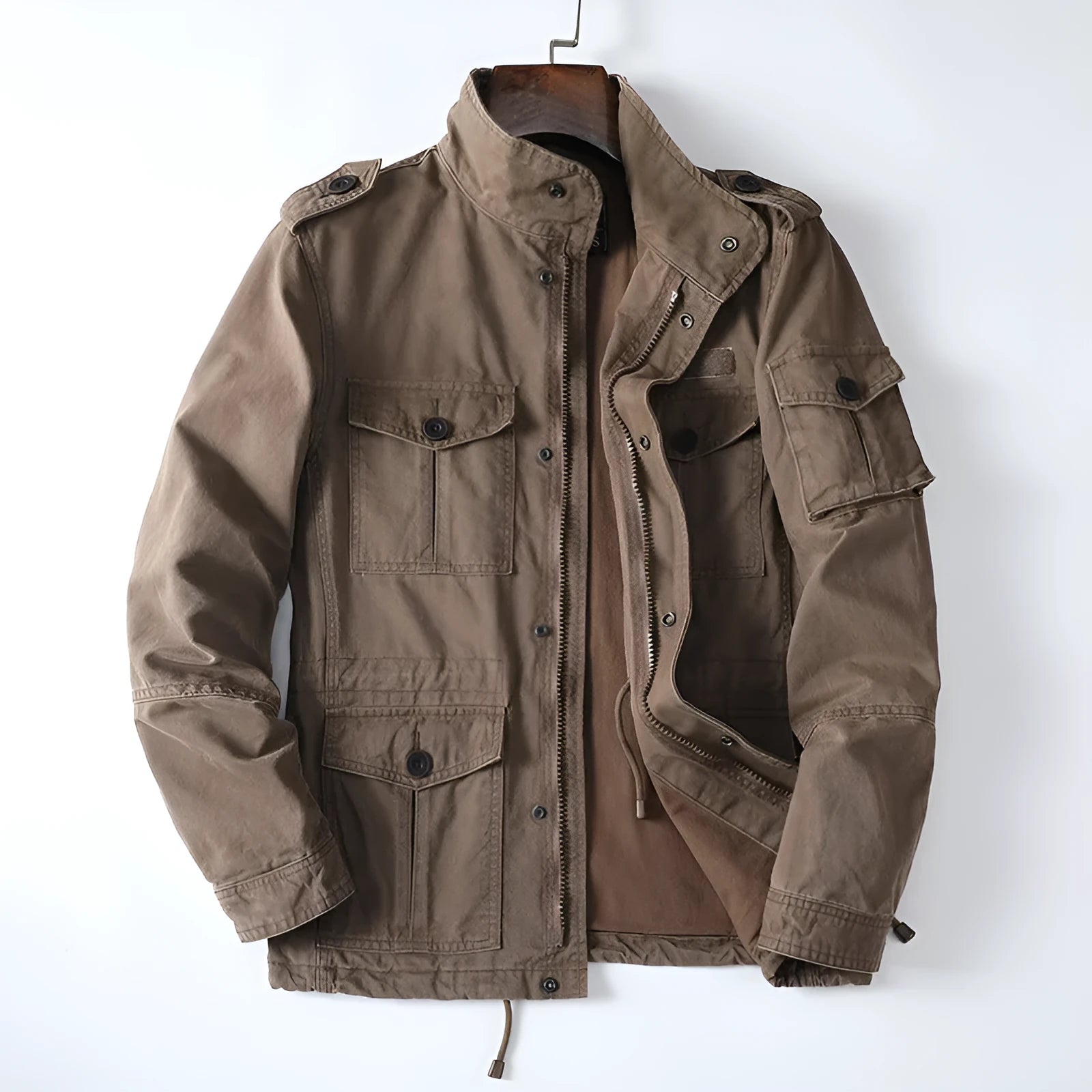 Men's loose fit cotton zip-up jacket in light coffee colour, shown on a model.