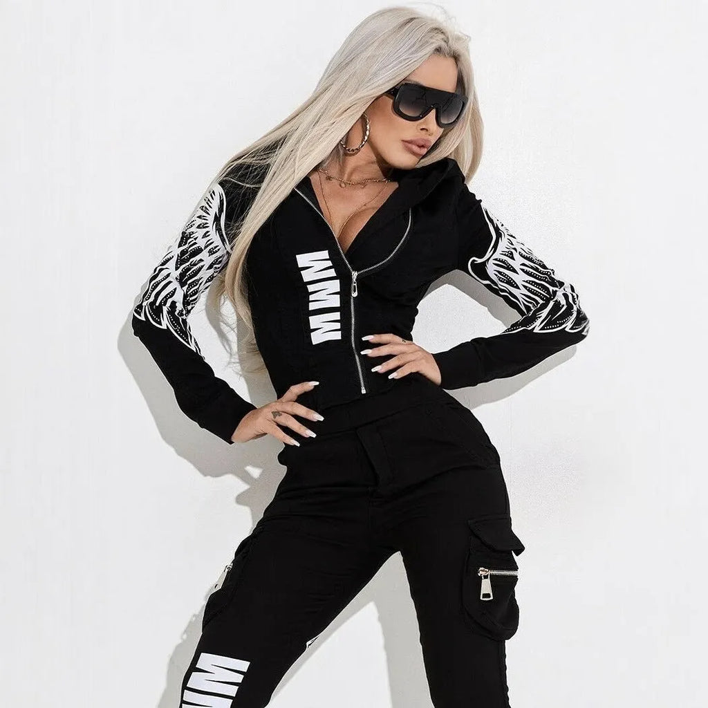 Women's black wings printing hooded street suit with zipper, long sleeves, and trousers in lightweight polyester fabric.