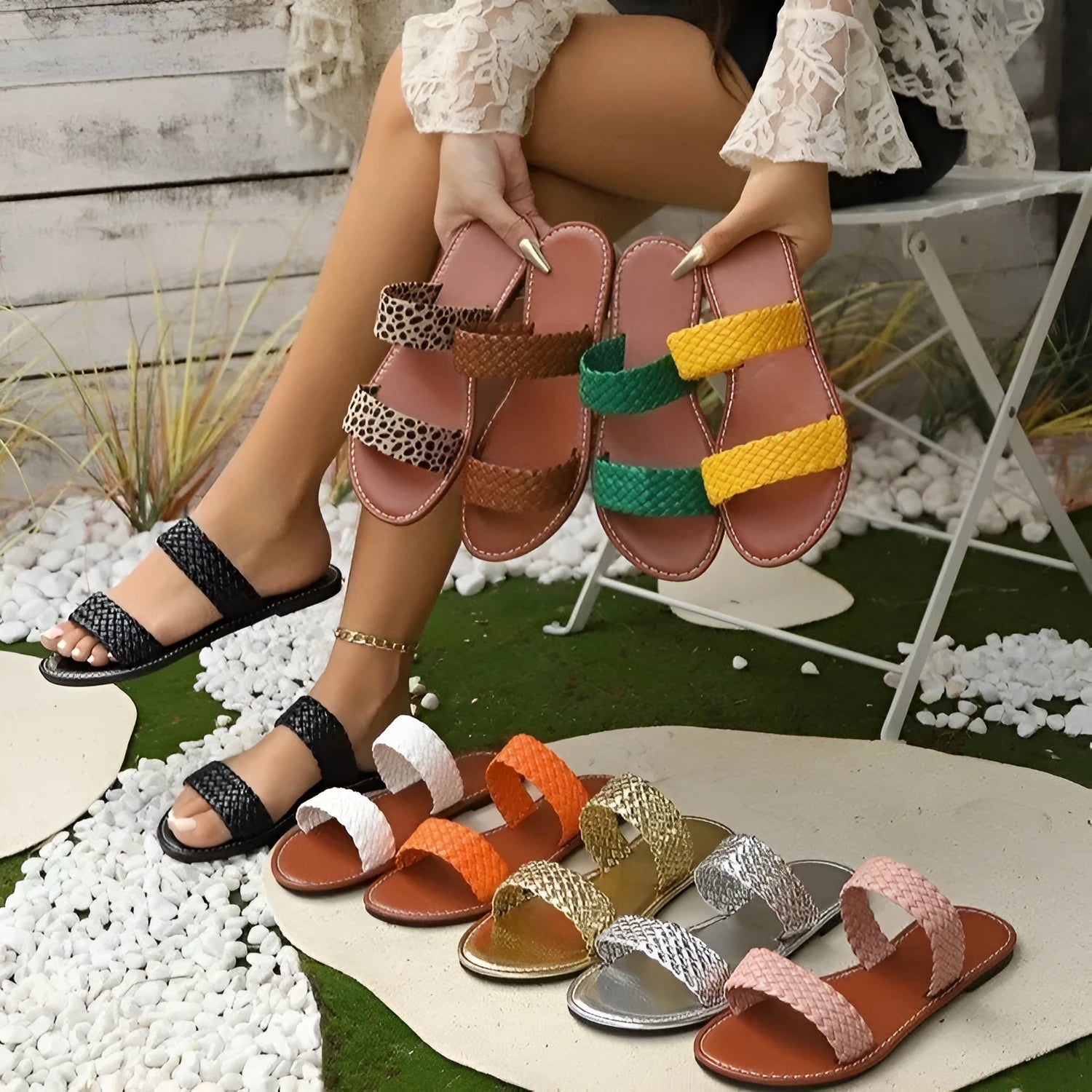 Women's woven beach slipper in gold showing synthetic leather upper and PVC sole, available in UK sizes 36-43.