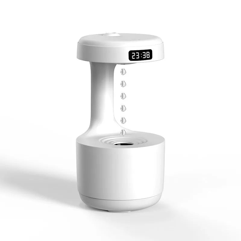 White anti-gravity air humidifier showing levitating water droplets and cool mist output