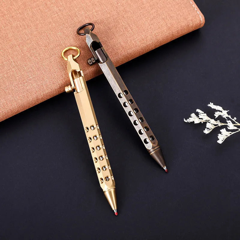 Brass hexagonal bolt roller pen with 0.5mm tip, 13cm length, and retro black refill option.