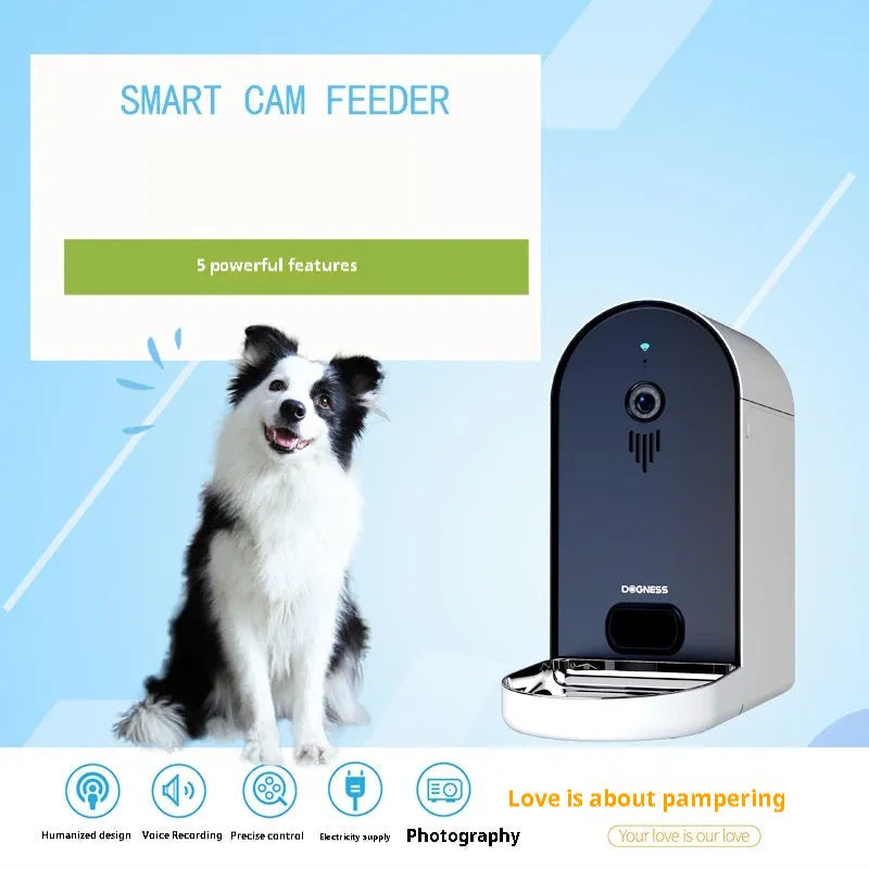 Smart pet feeder in Barbie pink and ivory white with clear food container and app display