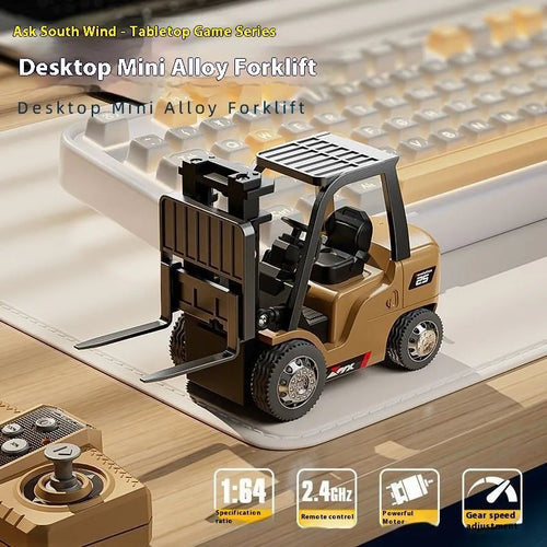1:64 scale mini alloy forklift remote control car with cargo accessories on a table