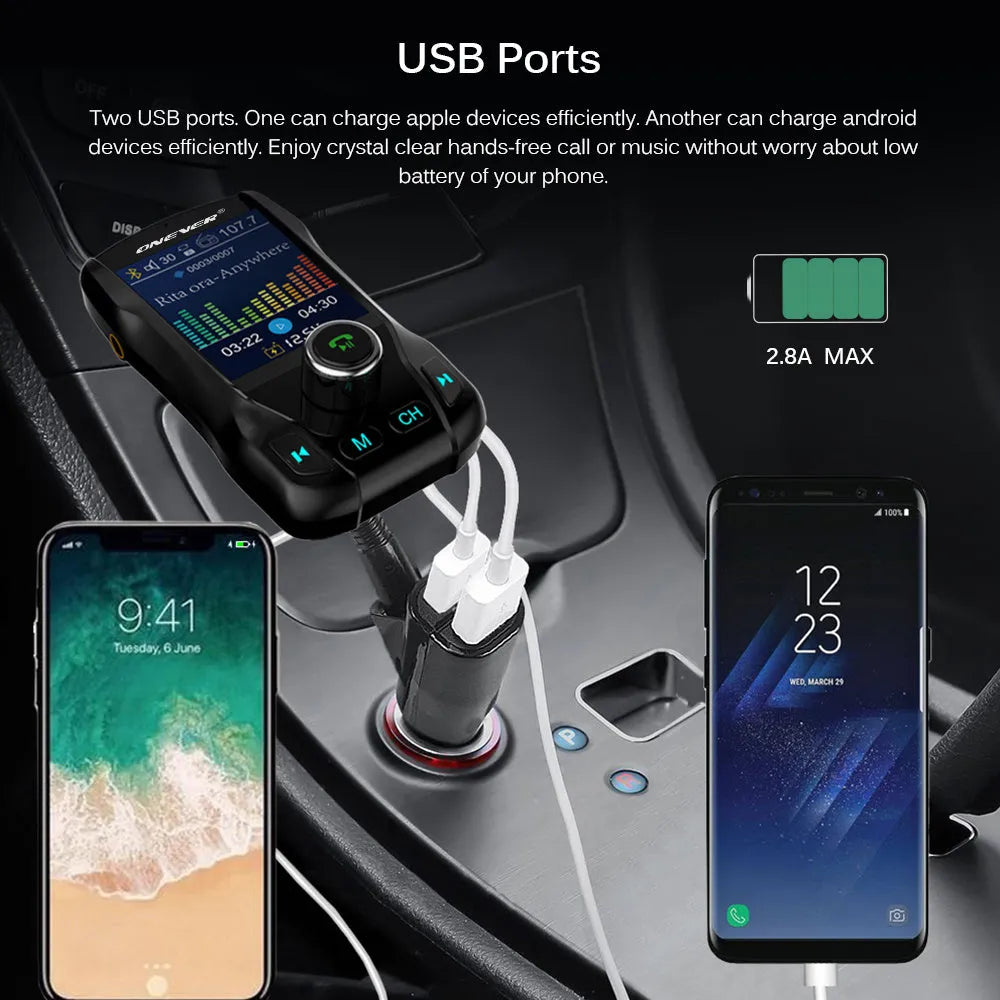 Car Bluetooth FM transmitter with colour screen plugged into car cigarette lighter