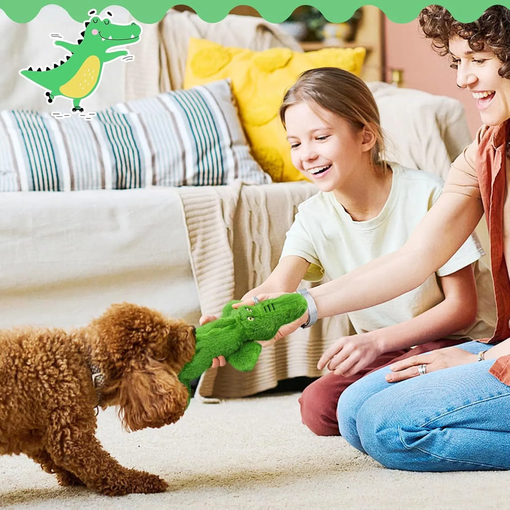 Green crocodile-shaped dog toy with no-stuffing design, measuring 20cm long with squeaker in head and crinkle paper in tail