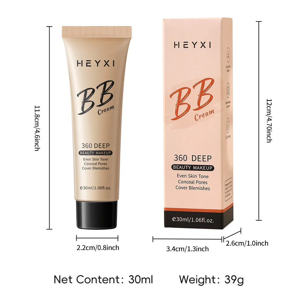 Waterproof BB cream in four shades (01, 02, 03, 04) with 12-hour wear for universal skin types