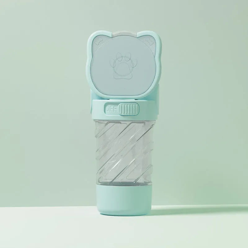 Green 3-in-1 portable pet water bottle showing water dispenser, food container, and waste bag compartment