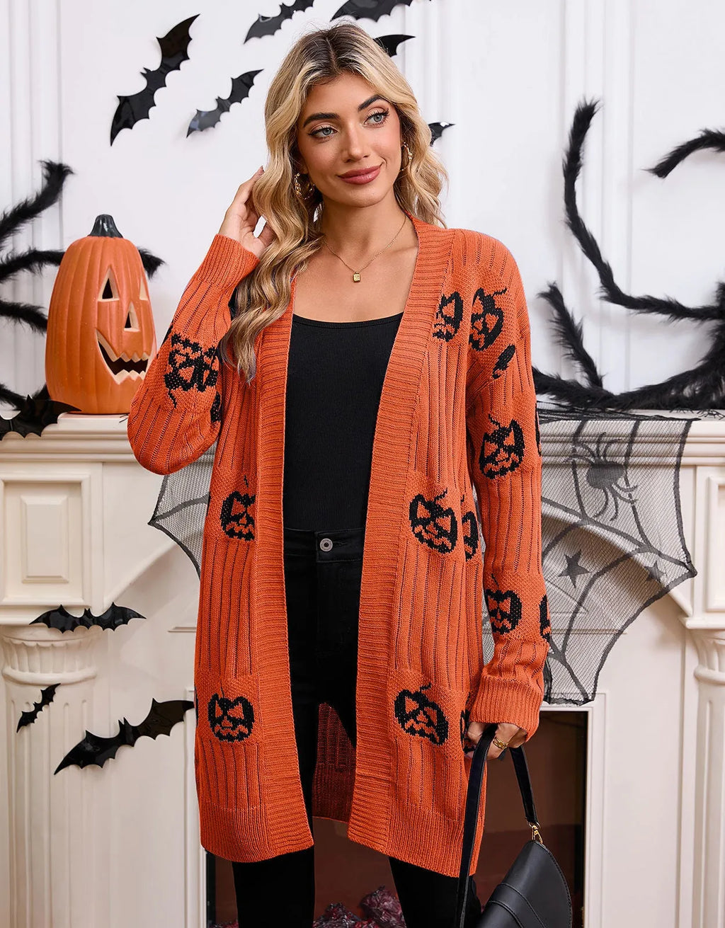 Women's black cardigan with orange pumpkin head jacquard pattern, regular sleeves, medium 65cm length