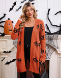 Women's black cardigan with orange pumpkin head jacquard pattern, regular sleeves, medium 65cm length