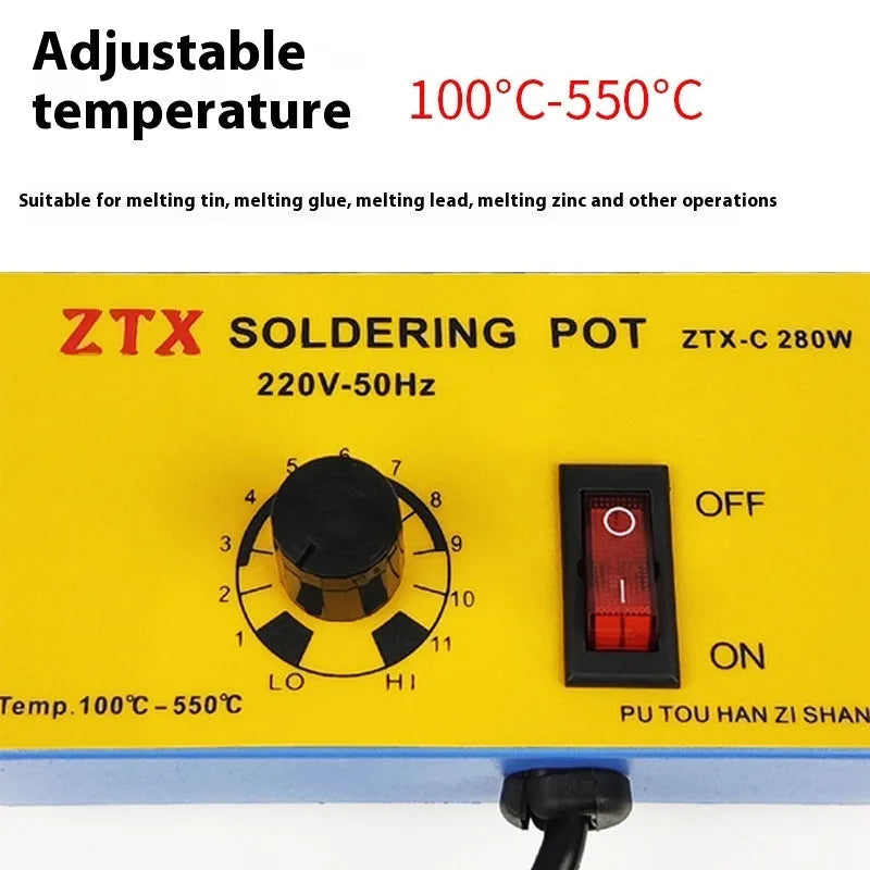 Desktop adjustable temperature tin melting furnace with thermostat control and titanium-plated pot.