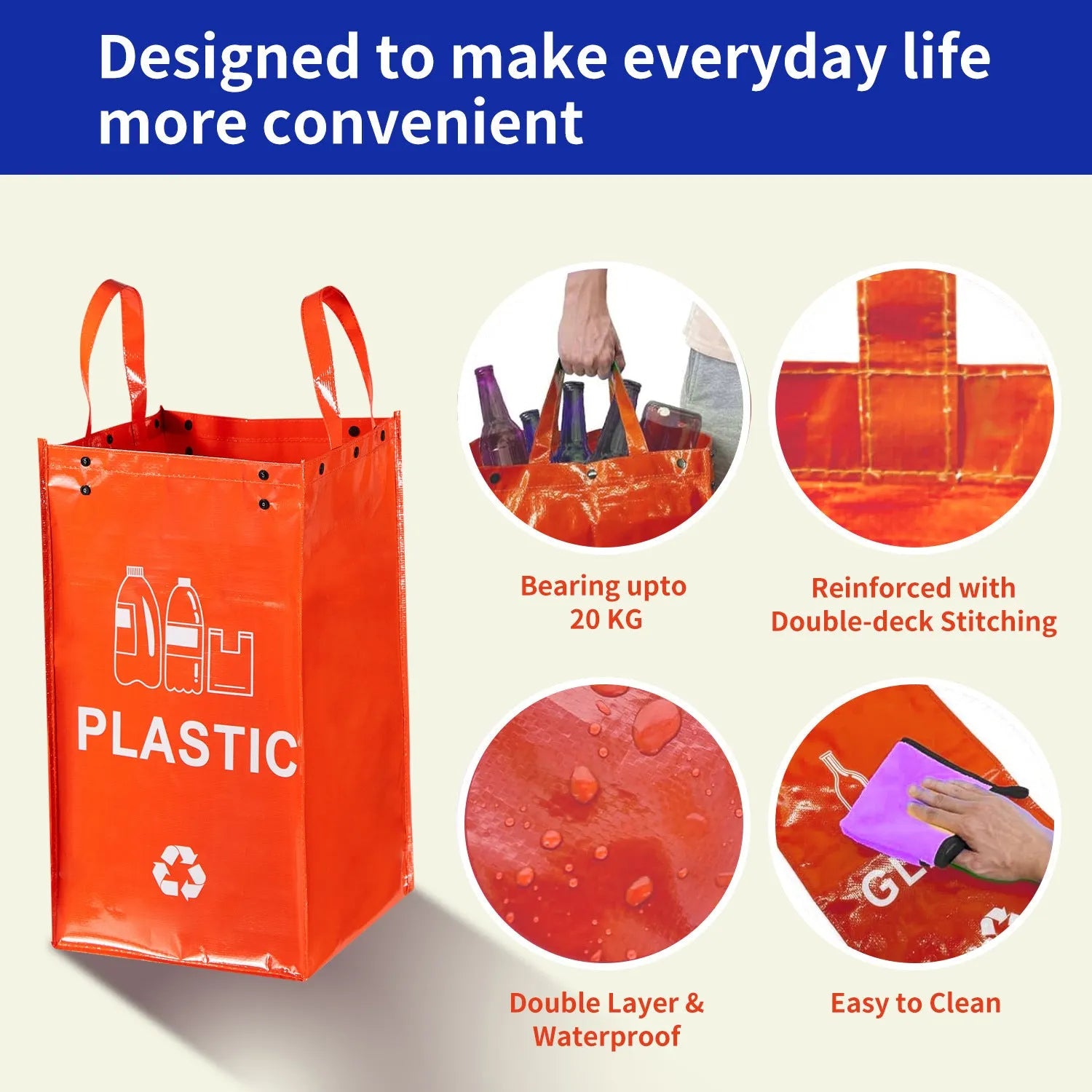 40-litre waterproof handbag with waste segregation compartments measuring 30x50x30cm in PP material