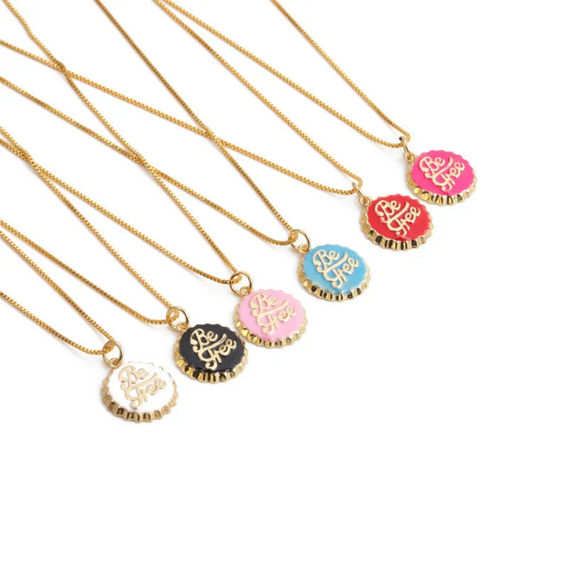 Copper bottle cap pendant necklace with electroplated finish on a 40cm box chain in multiple colours