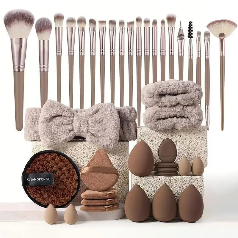 40-piece hydrophilic non-latex beauty tool set with brown, pink, and purple tools for face washing and makeup.