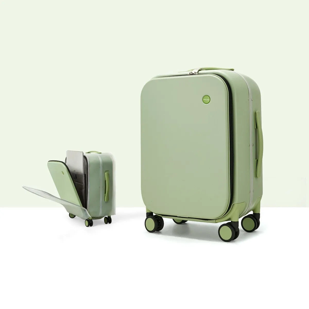 Front opening 20 inch PC hard shell suitcase with aluminium frame and universal wheels in black