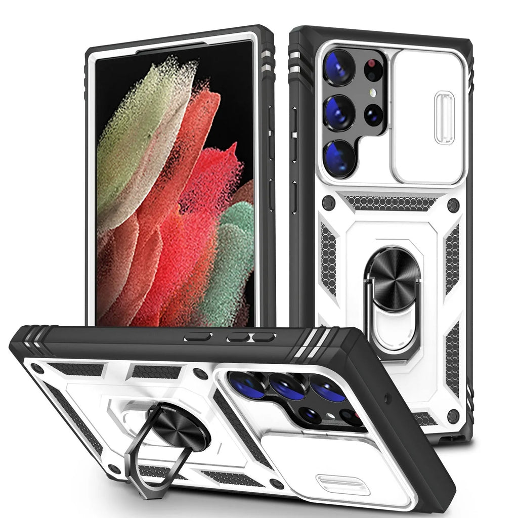 S24 Ultra phone case in black with sliding window bracket and drop-resistant PC cover