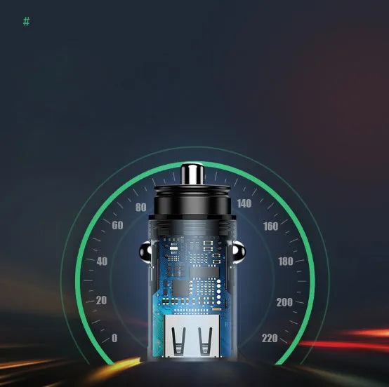 USB car charger with aluminium housing in black showing 4.8A output and PPS/QC logos