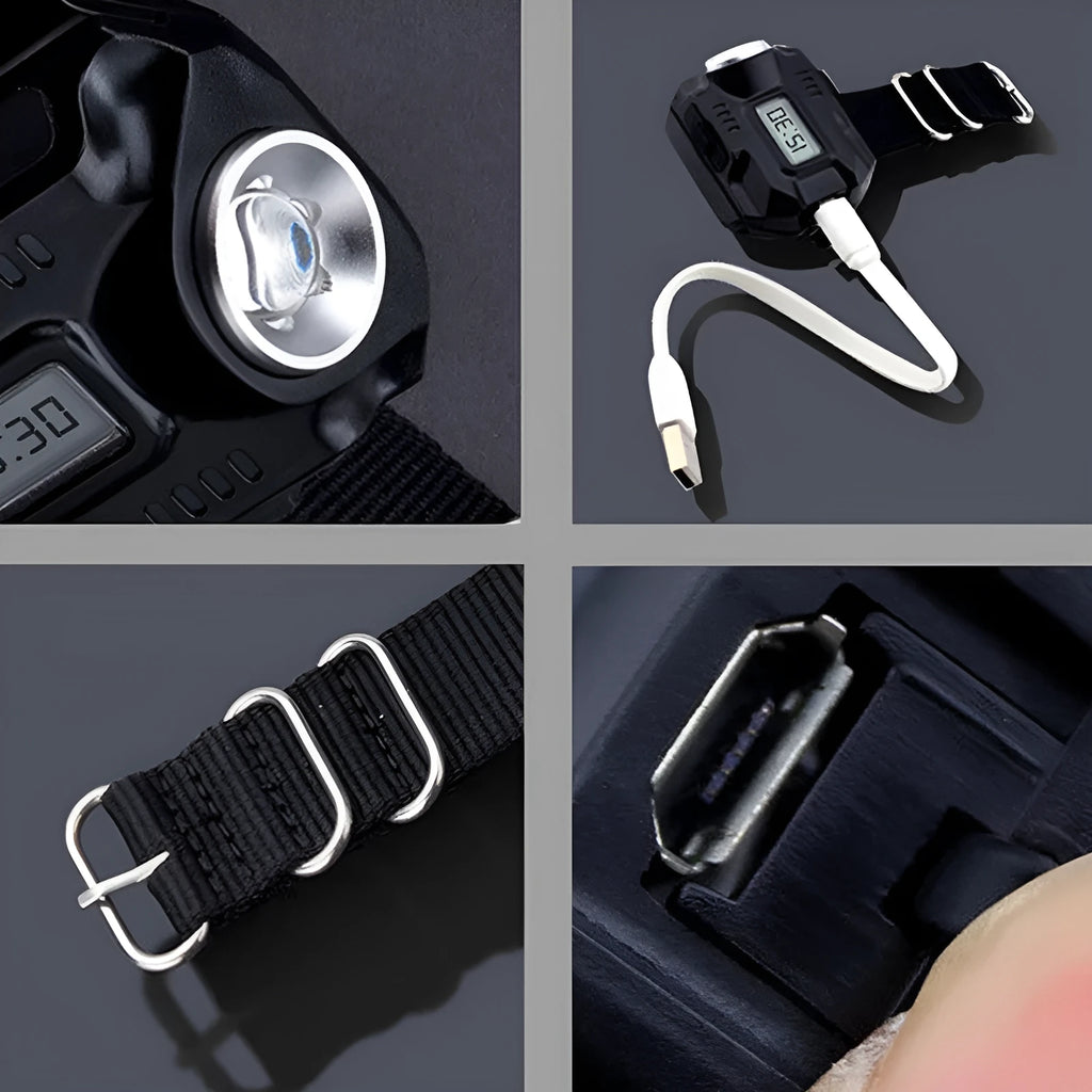 LED display wrist watch tactical flashlight with adjustable nylon wristband and USB cable