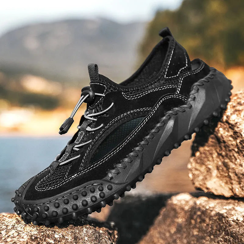 Men's waterproof sports sandals with leather mesh upper and rubber sole in toe-cap design