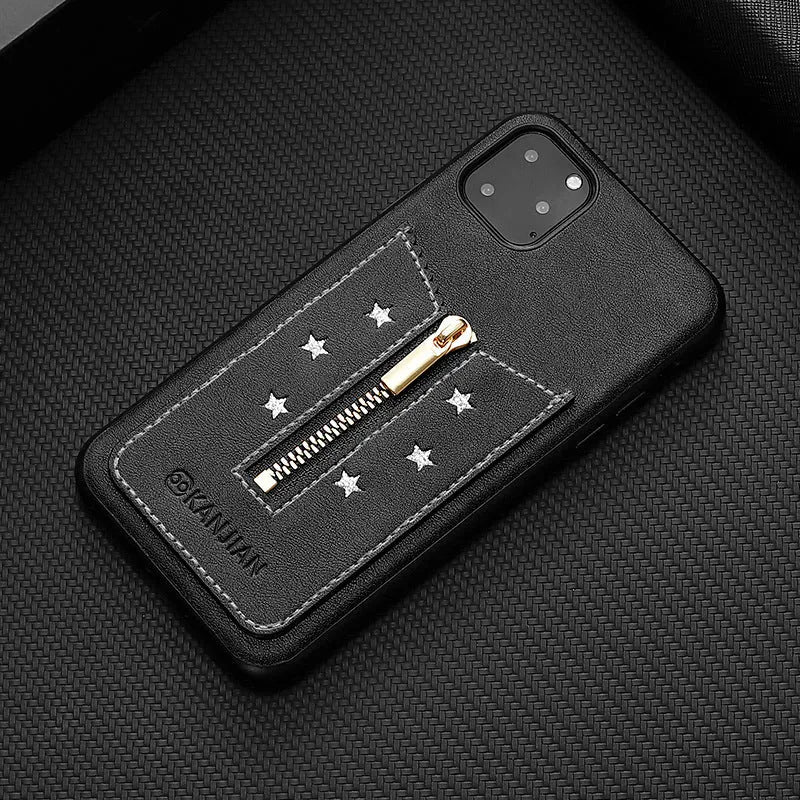 PU leather zipper phone case in black brown orange red for iPhone Samsung phones