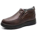 Black and brown waterproof fleece-lined casual winter slip-on shoes with a rubber sole.