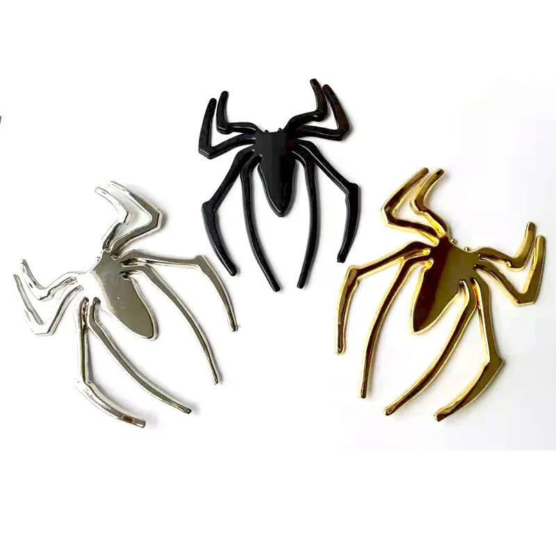 Three-dimensional metal spider bumper sticker showing raised design on zinc alloy with 7x5cm dimensions