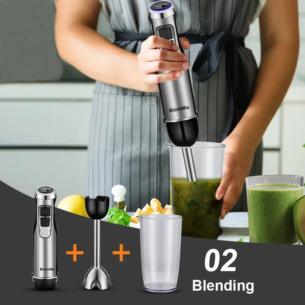 Biolomix silver hand blender with stainless steel attachments including whisk, chopper bowl, and blending beaker