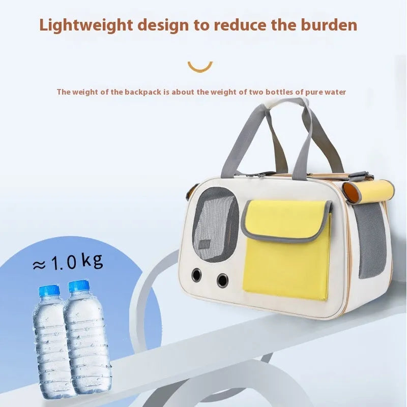 Foldable canvas pet carrier backpack shown in yellow colour with a single shoulder strap.