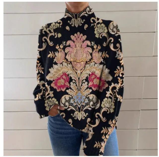 Black line 3D pattern printed turtleneck long sleeve sweater with loose fit and medium thickness on a hanger