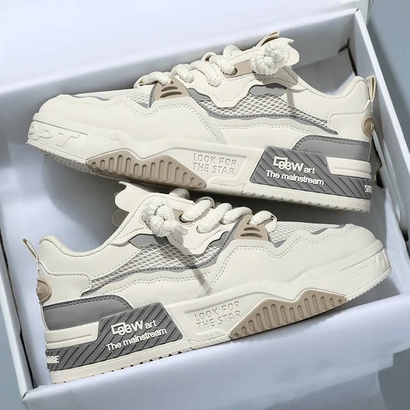 Men's low-top board shoes in white and yellow, white and black, and beige with soft rubber soles and mesh lining.