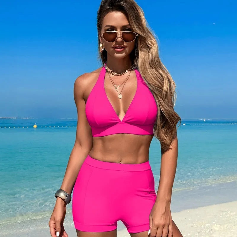 Split women's swimsuit bikini in black, pink, purplish blue, or sapphire blue with sleeveless design for swimming and wading