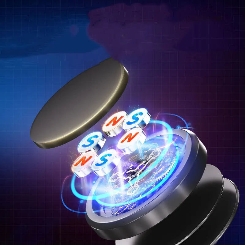 Obsidian black alloy mobile phone holder with magnetic disks for 360-degree rotation on a desk