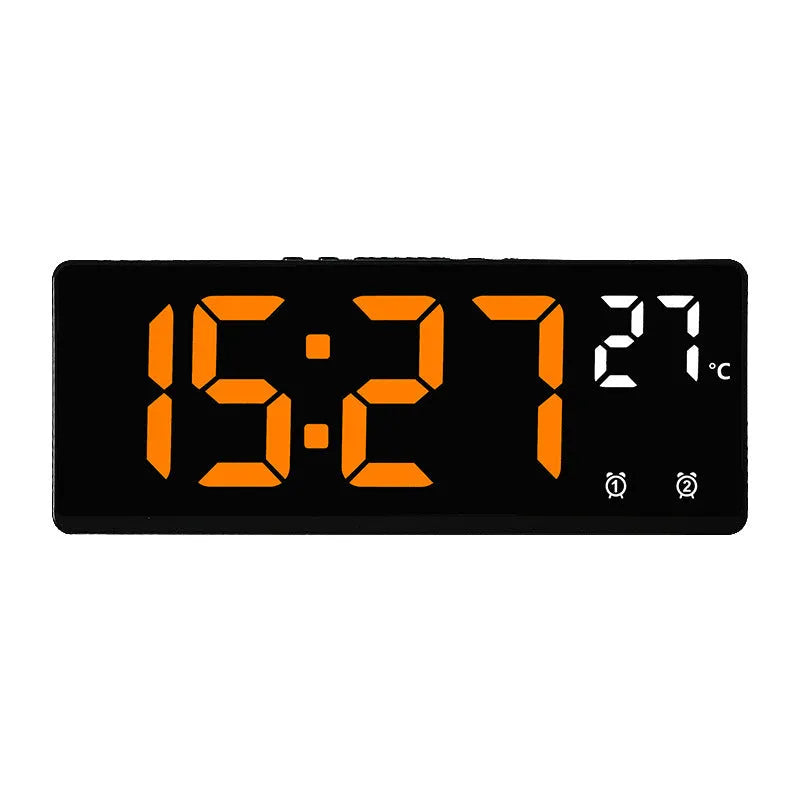 Creative multi-functional electronic alarm clock with large LED screen showing time and temperature.