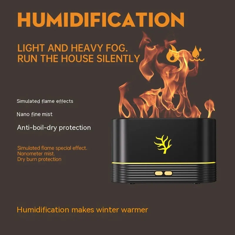 Square black or white USB flame humidifier with LED simulation fire effect and mist output.