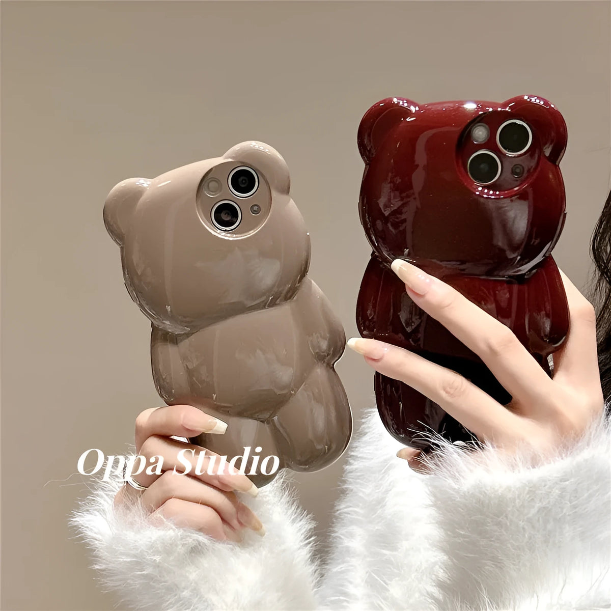 Silicone iPhone case with 3D bear design in khaki or wine red, anti-fall soft shell for iPhone 11-14 models