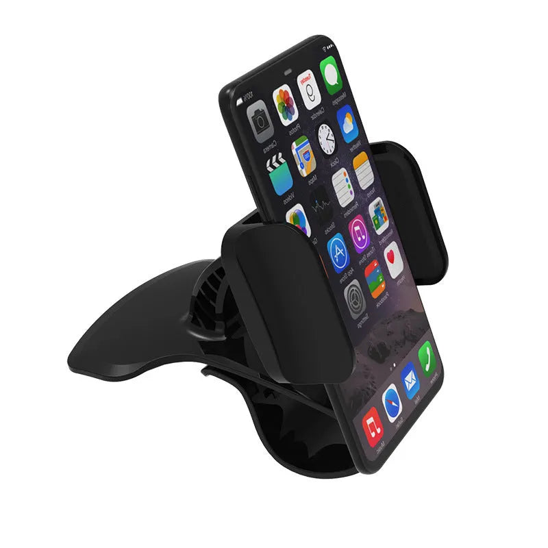 Dashboard car phone holder with black silicone grip mounted on vehicle dashboard edge