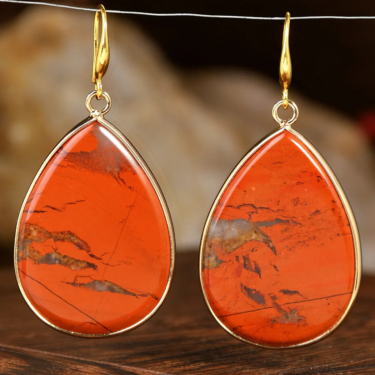 Women's retro high profile natural stone pendant earrings with drop shape design in various colour options