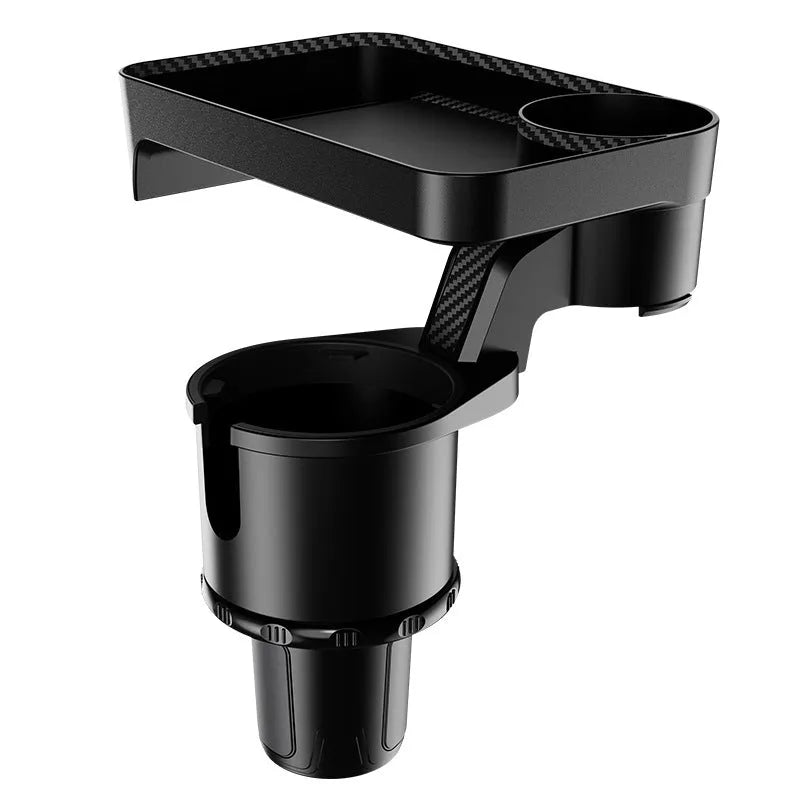 Black car-mounted rotating dinner tray holder installed in vehicle cup holder showing 360-degree rotation capability