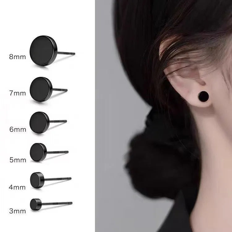 S999 sterling silver flat round ear studs in silver and black colours showing 3mm to 8mm size options
