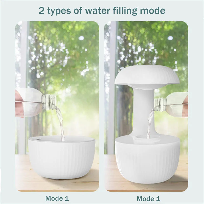 White anti-gravity air humidifier showing levitating water droplets and cool mist output