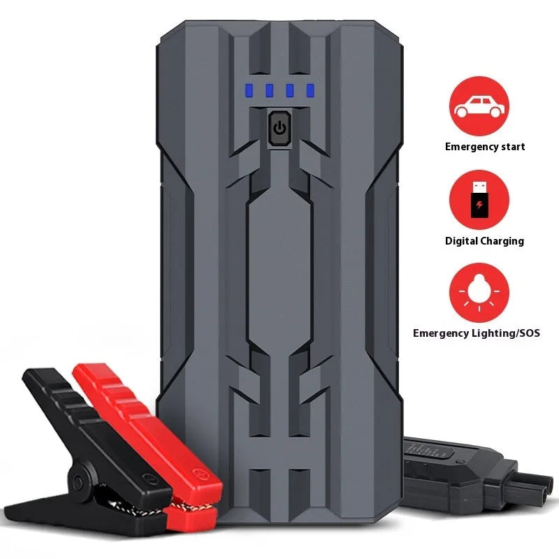 Portable 12V car jump starter 8000mAh with dual USB ports, LED light and 160x79x28mm size