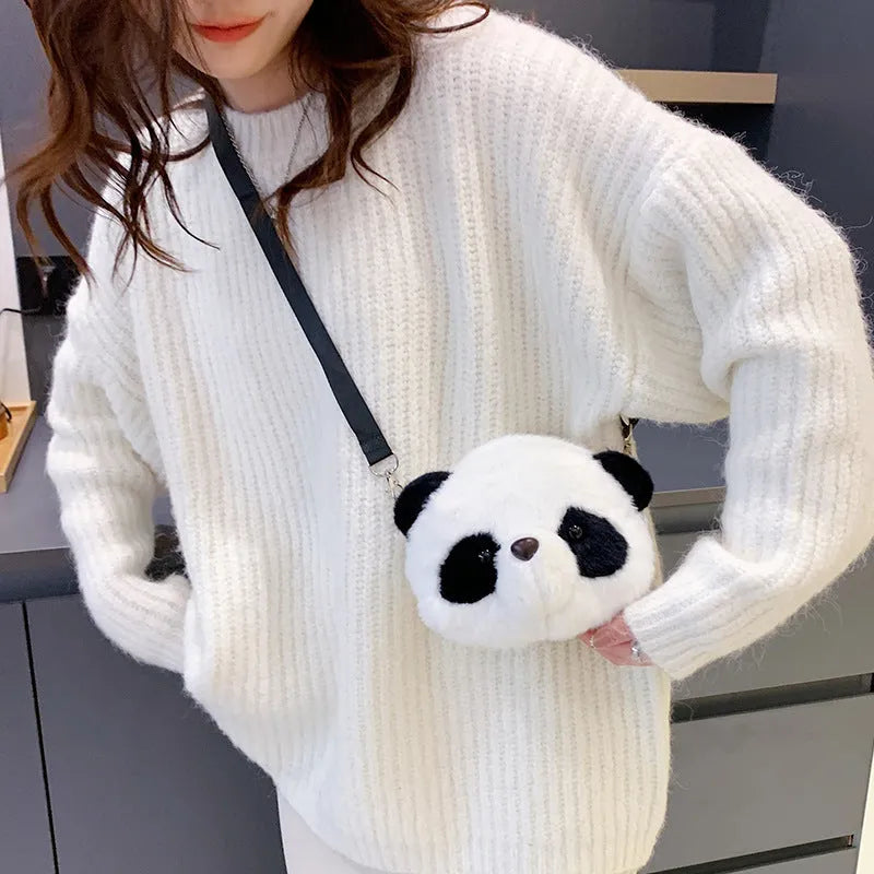 Cylindrical crossbody bag with panda head design, plush material, dimensions 18x15x8cm