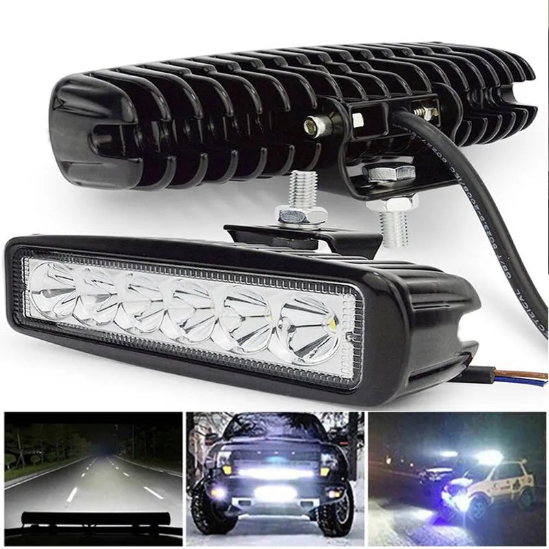 Black car auxiliary light with die-cast aluminium housing and polycarbonate cover showing six LED configuration