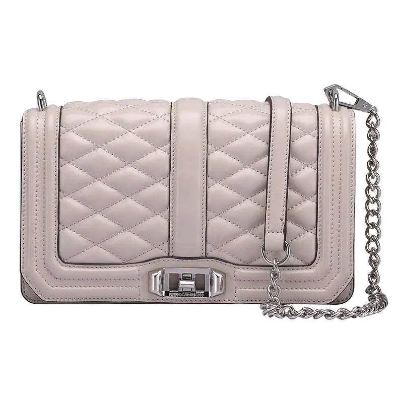Women's rhombic chain shoulder bag in first layer cowhide with plaid pattern, cover type opening and cotton lining
