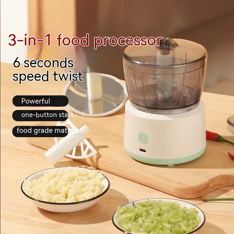 Mini meat grinder with white or light green housing, stainless steel blades, and transparent 225ml cup on anti-slip pad