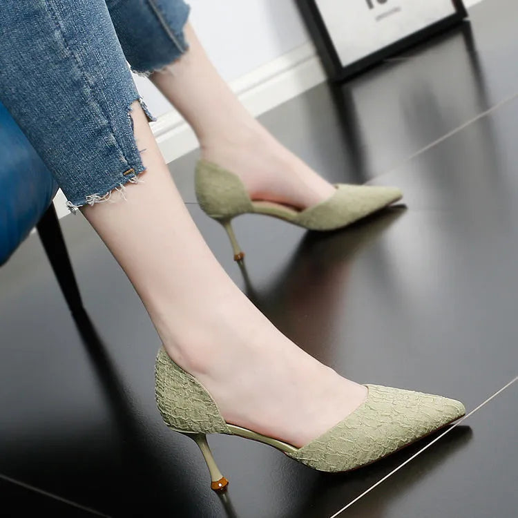 Women's black pointed toe stiletto heels with 6-8cm heel height and rubber soles