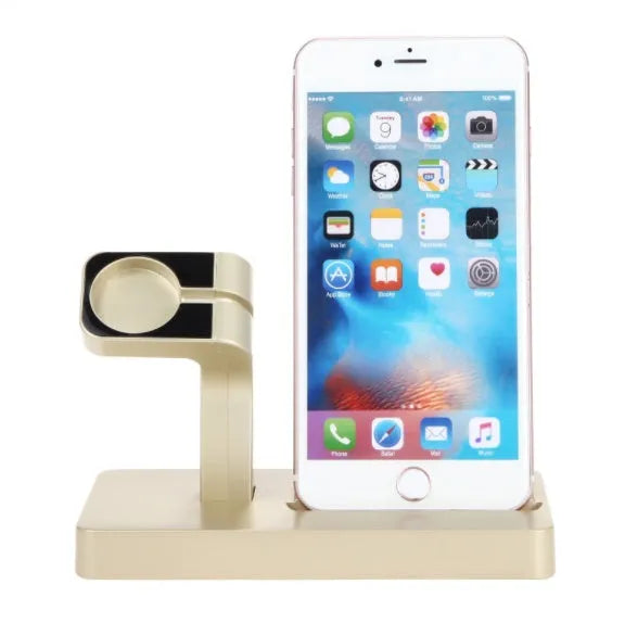 White 2-in-1 charging dock station for iPhone and Apple Watch on a desk