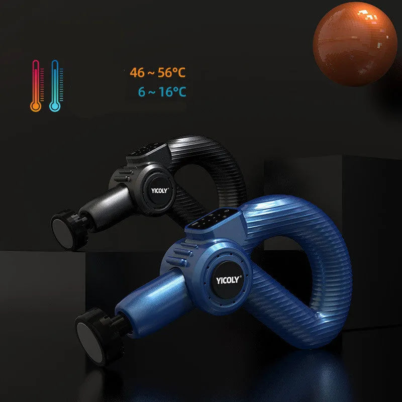 Black Smart Muscle Massage Gun with adjustable hot and ice compress modes, five massage heads, and compact design