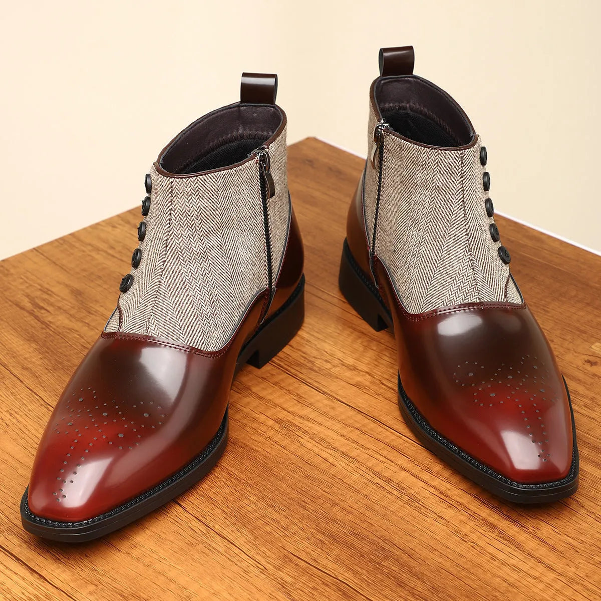 Men's brown retro formal shoes with side zipper and square heel on a neutral background
